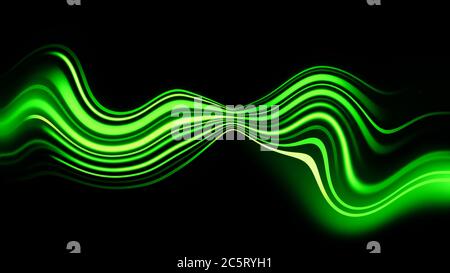 Strisce verdi chiare e sfocate in movimento sullo sfondo. Raggi di luce ondulati. Sfondo digitale astratto con elementi di linea. Foto Stock