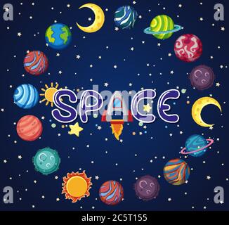 Logo spazio con molti pianeti in forma di cerchio illustrazione Illustrazione Vettoriale
