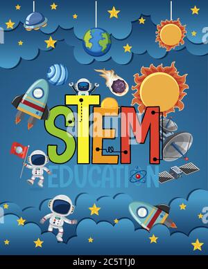Logo istruzione STEM con oggetti spazio in sfondo illustrazione Illustrazione Vettoriale