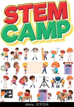 Logo del campo di poppa e set di bambini con oggetti didattici illustrazione isolata Illustrazione Vettoriale
