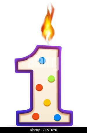 Un anno anniversario, 1 numero a forma di candela di compleanno con fuoco su bianco Illustrazione Vettoriale