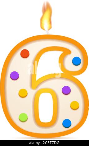 Sei anni anniversario, 6 numero a forma di candela di compleanno con fuoco su bianco Illustrazione Vettoriale