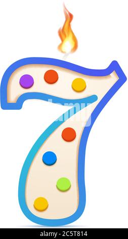 Sette anni anniversario, 7 numero a forma di candela di compleanno con fuoco su bianco Illustrazione Vettoriale