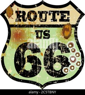 Segnale Route 66, segnale stradale maledetto, stile retrò, illustrazione vettoriale Illustrazione Vettoriale