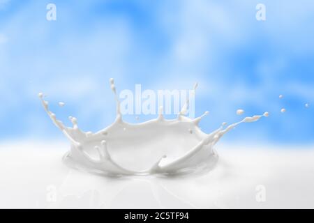 Spruzzi lattiginosi contro il cielo blu con le nuvole dolci. Spruzzi di latte sotto forma di corona di latte. Foto Stock