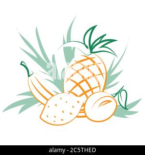composizione vegana di frutta tropicale ananas, banana, pesca, limone per la decorazione di volantini estivi, caffè, menu ristorante Illustrazione Vettoriale