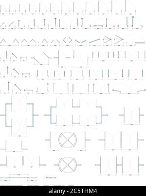 Set di porte e finestre diverse con dimensioni in vista in pianta. Disegno vettoriale. Sportelli isolati nella vista dall'alto. Schema architettonico. Illustrazione Vettoriale