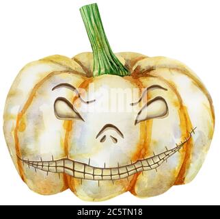 Zucca di Halloween acquerello. Le zucche dipinte a mano sono intagliate e isolate su sfondo bianco. Illustrazione delle festività per il design, la stampa o lo sfondo Foto Stock