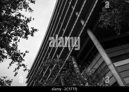 Edificio ricurvo per uffici incorniciato da alberi di betulla sparati in bianco e nero Foto Stock