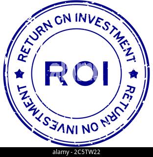 Grunge blu ROI (abbreviazione di Return on Investment) parola rotonda sigillo in gomma su sfondo bianco Illustrazione Vettoriale