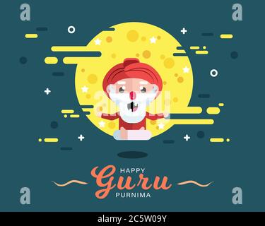 Happy Guru Purnima poster di saluto, yogi baba sfondo luna, illustrazione vettore Illustrazione Vettoriale