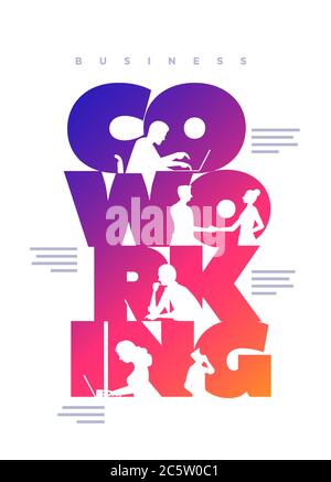 Modello di progettazione di poster di concetto aziendale di collaborazione. Silhouette di lavoro persone che usano computer portatili e che scuotono le mani nella colorata parola "Co-working". Illustrazione Vettoriale