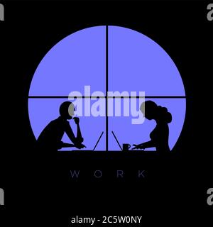 Uomo e donna lavorano con il computer portatile fino a tarda notte in ufficio. Illustrazione del concetto vettoriale. Illustrazione Vettoriale