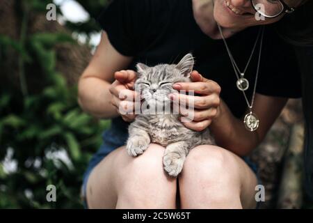 Una giovane donna tiene un gattino scozzese dritto all'aperto. Il gatto si diverte e si fa con gli occhi chiusi e sembra divertente. Primo piano, luce naturale Foto Stock