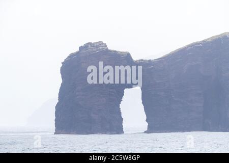 Formazione rocciosa naturale formata sulla costa delle Isole Antipodes, isole Susantartiche della Nuova Zelanda. Ponte naturale. Durante una giornata di nebbie. Foto Stock