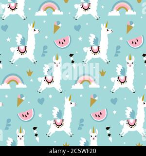 Cute unicorn lama (alpaca) senza cuciture pattern. Illustrazione vettoriale. Illustrazione Vettoriale
