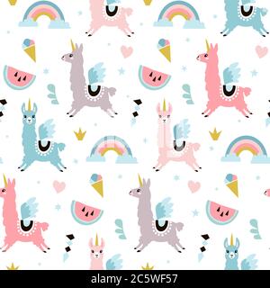 Cute unicorn lama (alpaca) senza cuciture pattern. Illustrazione vettoriale. Illustrazione Vettoriale