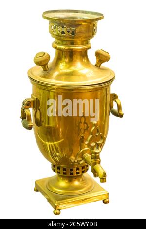 Samovar vintage placcato oro isolato su sfondo bianco Foto Stock
