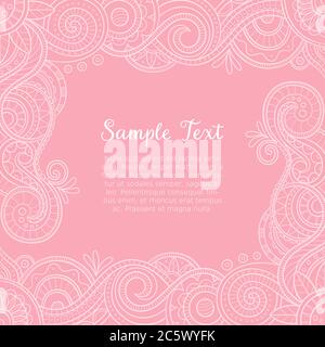 Modello di disegno a scheda quadrata con struttura in merletto mehndi e sfondo rosa. Carino doodle design, perfetto per inviti di nozze, biglietti di auguri e backgr Illustrazione Vettoriale