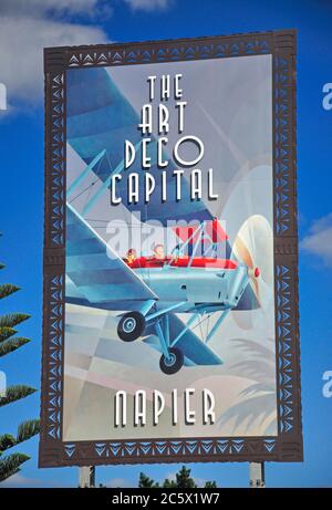 'Napier, l'Art Deco Capitale" segno di benvenuto, Napier, Hawke's Bay, Isola del nord, Nuova Zelanda Foto Stock