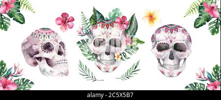 Cranio acquerello umano con bouquet floreali tropicali. Giornata messicana dei morti. Illustrazione di tropic Head helloween vintage. Design retrò per la morte del tatuaggio Foto Stock