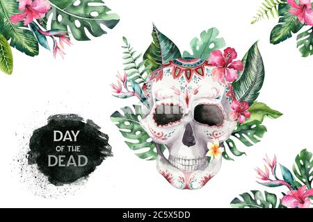 Cranio acquerello umano con bouquet floreali tropicali. Giornata messicana dei morti. Illustrazione di tropic Head helloween vintage. Design retrò per la morte del tatuaggio Foto Stock
