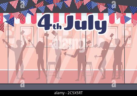 le sagome della gente celebrano il 4 luglio l'indipendenza americana giorno celebrazione concetto caffè esterno lunghezza intera orizzontale illustrazione vettoriale Illustrazione Vettoriale