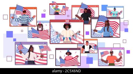 set mix gara persone che detengono gli usa bandiere celebrare 4 luglio giorno indipendenza uomo concetto donne in web browser windows ritratto vettore orizzontale illustrazione Illustrazione Vettoriale