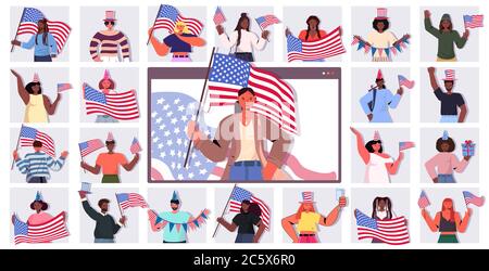 set mix gara persone che detengono gli usa bandiere celebrare 4 luglio giorno indipendenza uomo concetto donne in web browser windows ritratto vettore orizzontale illustrazione Illustrazione Vettoriale