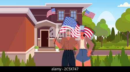 uomo donna coppia tenendo bandiere usa che celebra il 4 luglio american indipendenza giorno concetto ritratto orizzontale vettore illustrazione Illustrazione Vettoriale