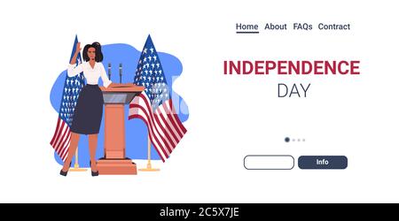 donna politico che fa discorso da tribune con bandiera degli stati uniti 4 luglio americano giorno di indipendenza celebrazione concetto di lunghezza intera orizzontale copia spazio illustrazione vettoriale Illustrazione Vettoriale