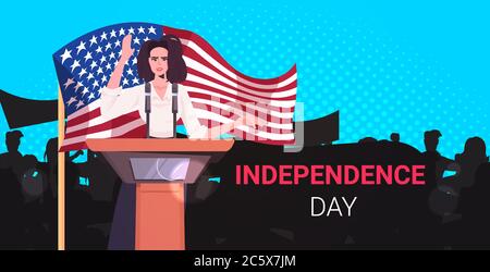 donna politico che parla a persone da tribune 4 luglio americano giorno di indipendenza celebrazione concetto orizzontale ritratto vettore illustrazione Illustrazione Vettoriale