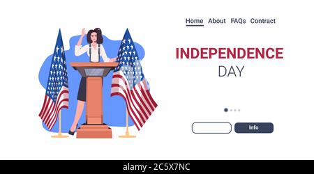 donna politico che fa discorso da tribune con bandiera degli stati uniti 4 luglio americano giorno di indipendenza celebrazione concetto di lunghezza intera orizzontale copia spazio illustrazione vettoriale Illustrazione Vettoriale