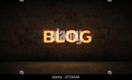 Neon Sign on Brick Wall sfondo - Blog. rendering 3d Foto Stock
