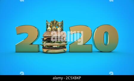 Burger con Crown Concept 2020 segno di Capodanno. rendering 3d Foto Stock