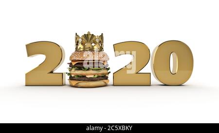 Burger con Crown Concept 2020 segno di Capodanno. rendering 3d Foto Stock