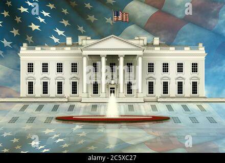 Vista sud della Casa Bianca, con fontana. La bandiera degli Stati Uniti riempie il cielo e si riflette sul terreno davanti. Illustrazione 3D Foto Stock
