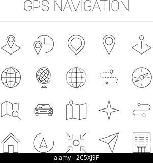 Tema di navigazione GPS - mappe, puntatori, puntini, globi, percorsi e simbolo della bussola. Set di icone vettoriali a linea sottile semplice. Illustrazione Vettoriale