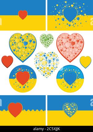 Bandiera di Stato dell'Ucraina con variazioni di cuore. Cuori verdi, rossi e bicolore blu e gialli. Colori della bandiera dell'Ucraina tranne il rosso e il verde Illustrazione Vettoriale