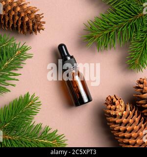 Flacone contagocce in vetro con olio essenziale di conifere su fondo neutro con coni di pino e rami. Disposizione piatta, vista dall'alto. Foto Stock