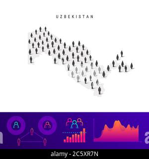Mappa della popolazione uzbeka. Silhouette vettoriale dettagliata. Folla mista di icone maschili e femminili. Elementi infografici della popolazione. Illustrazione vettoriale isolata o Illustrazione Vettoriale