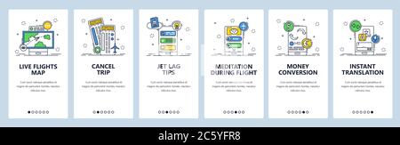 Modello vettoriale delle schermate di onboarding del sito Web di viaggi e dell'app mobile Illustrazione Vettoriale