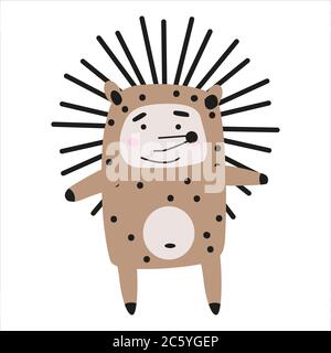 Hedgehog simpatico personaggio divertente. Illustrazione vettoriale infantile in stile scandinavo Illustrazione Vettoriale