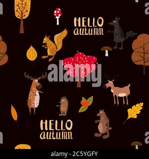 Autunno foresta cute animali senza giunture modello con foglie di alberi Illustrazione Vettoriale