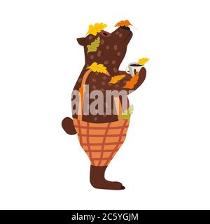 Carino orso autunno coperto in foglie cadute autunno con una tazza di caffè, caduta Illustrazione Vettoriale