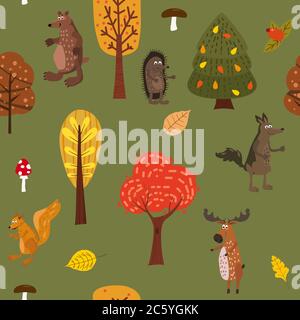 Autunno foresta cute animali senza giunture modello con foglie di alberi Illustrazione Vettoriale