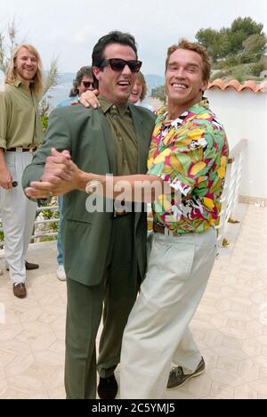 ARCHIVIO: CANNES, FRANCIA. C. Maggio 1991: Sylvester Stallone & Arnold Schwarzenegger al Festival del Cinema di Cannes. Foto del file © Paul Smith/Caratteristiche Foto Stock