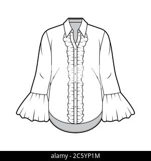 Camicia con voluminoso e fluted illustrazione tecnica della moda con colletto affilato, polsini voluminosi, maniche lunghe, corpo oversize. Modello di abbigliamento piatto, colore bianco frontale. Donna, uomo unisex indumento CAD mockup Illustrazione Vettoriale