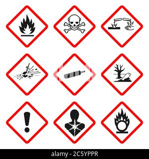 Set di simboli di pericolo per pittogramma GHS. Isolato su sfondo bianco. Raccolta di icone di pericolo pericolose. Immagine vettoriale. Illustrazione Vettoriale