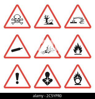 Set di simboli di pericolo per pittogramma GHS. Isolato su sfondo bianco. Raccolta di icone di pericolo pericolose. Immagine vettoriale. Illustrazione Vettoriale